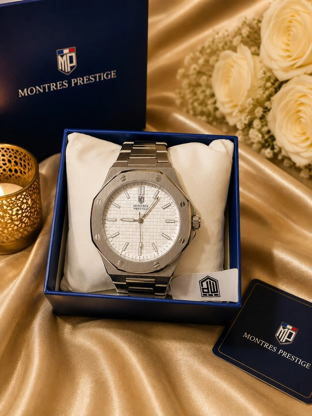 Montres Prestige Men's Silver Stainless Steel Watch with White Dial